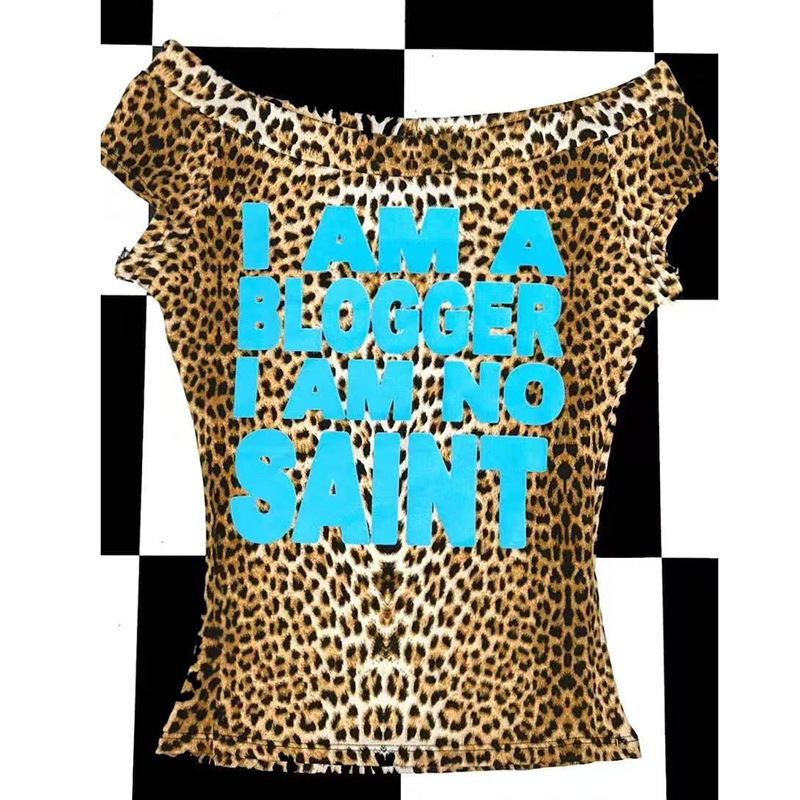 Y2K Retro Subculture Harajuku Millennial Hot Girl Leopard Print Ice Blue Letter Print One Shoulder Short Sleeve T-Shirt Top