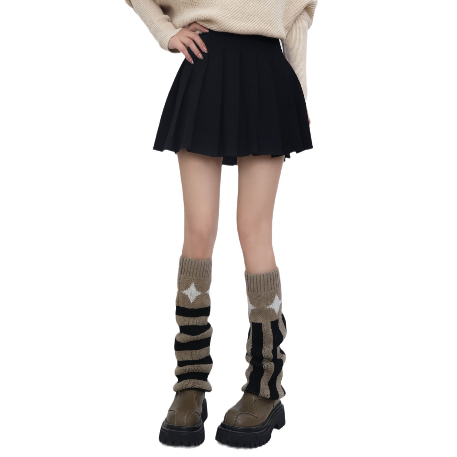 Autumn and winter retro cool ab irregular knitted micro horn wide leg striped black coffee color socks_voghion.com