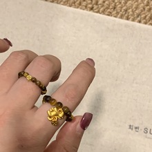 雅丹风虎眼石铜钱马上有钱串珠戒指女小众设计感中古食指戒轻奢高