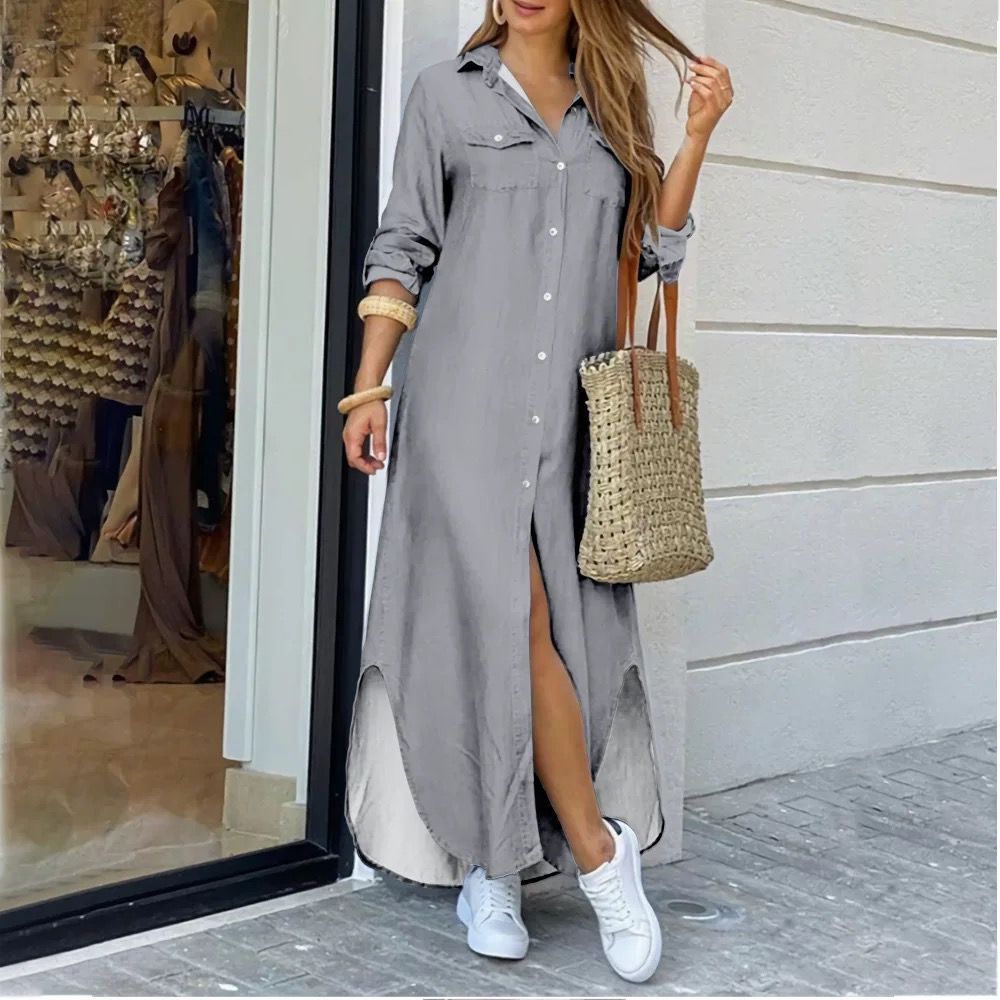 Women's A-line Skirt Fashion Turndown Button Long Sleeve Solid Color Maxi Long Dress Daily display picture 2