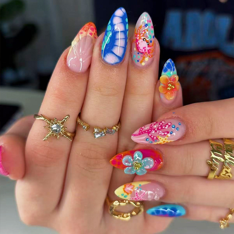 Cross-Border Ocean Starfish Coral Press-On Nails Almond 3D Flower Colorful Fake Nails Summer Beach 24-Piece Fake Nails