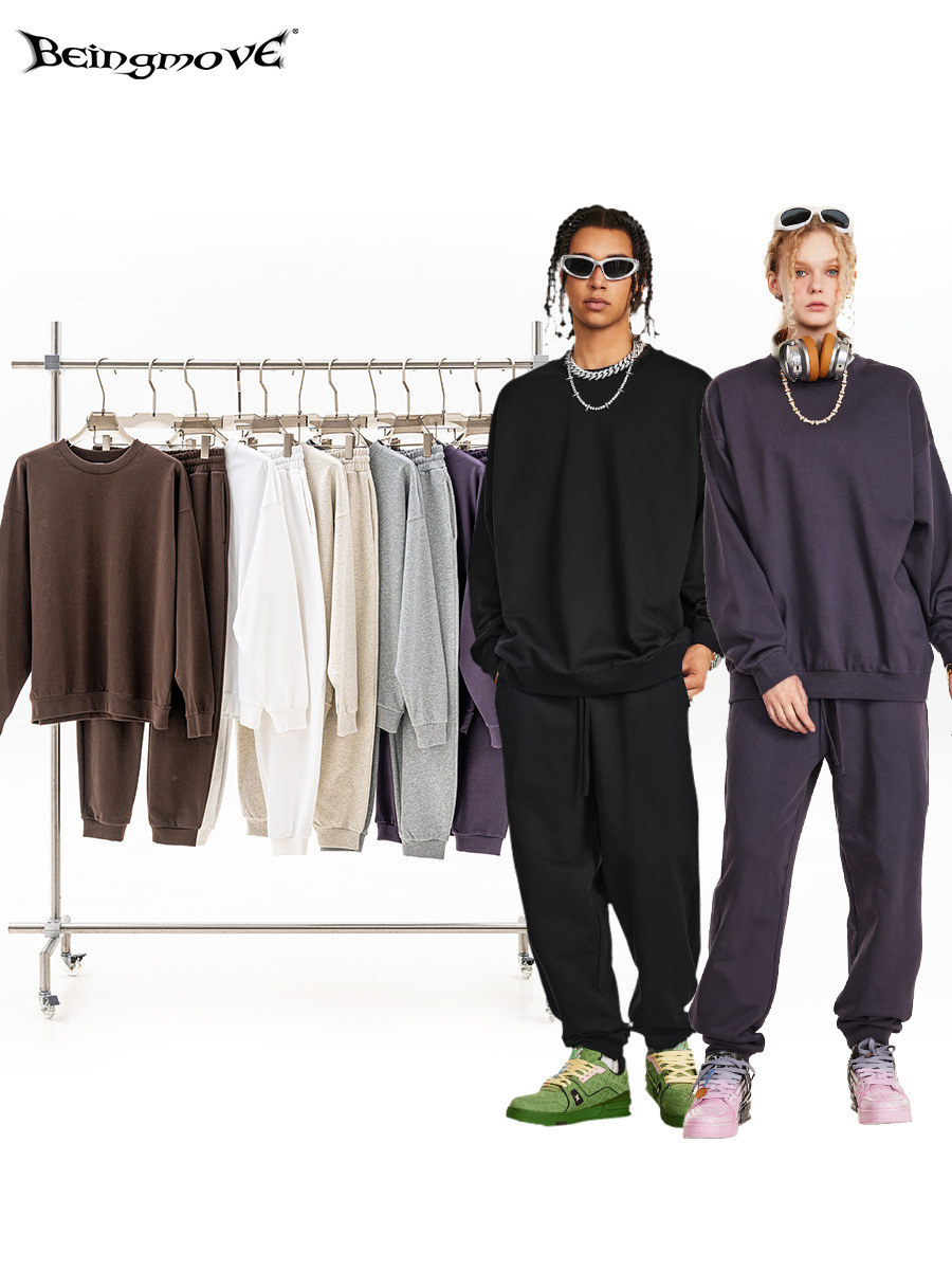 2025 marca de moda de otoño 440G simple de color sólido de cuello redondo jersey de punto de dos piezas conjunto de alta calidad trajes deportivos para hombres