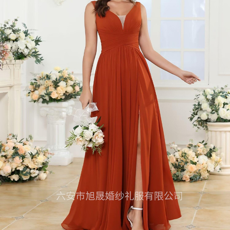 European and American 2025 New Simple Chiffon Bridesmaid Dress with Pockets, Long V-Neck Formal Dress with Slit Long Skirt