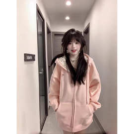 320克华棉 粉色碎花连帽卫衣外套女春秋oversize宽松慵懒拉链开衫
