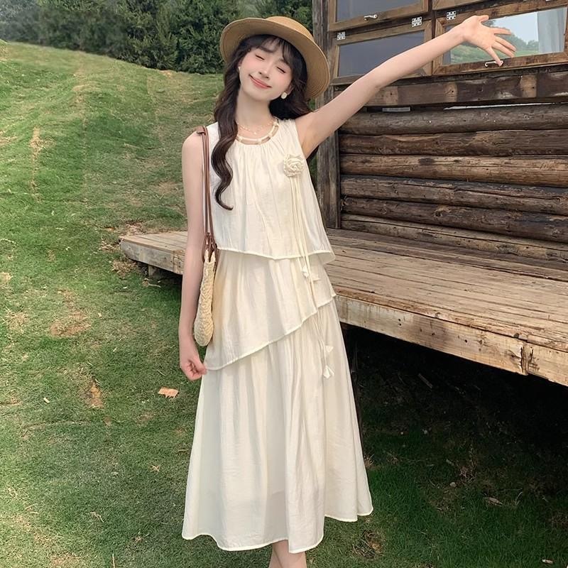 夏季不规则设计感连衣裙镂空圆领宽松显瘦度假风气质甜美中长裙|undefined