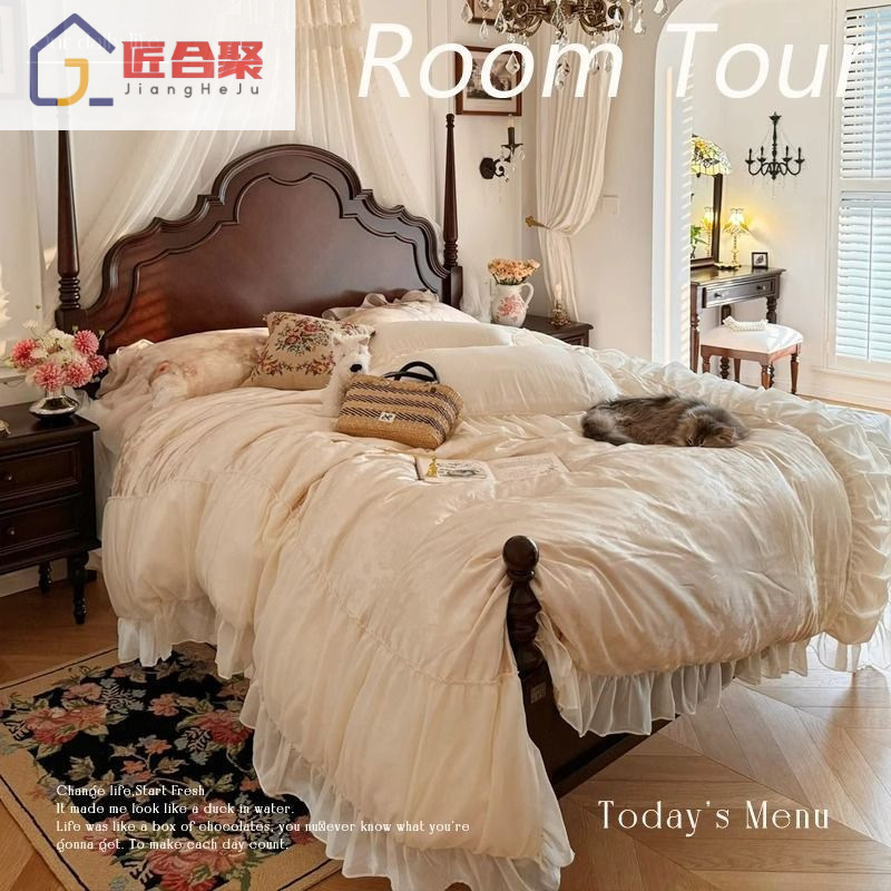 American-Style Retro Solid Wood Bed for Home Use, 1.8m French Simple Master Bedroom Light Luxury Curved Headboard, 1.5m Double Bed American-Style Retro Solid Wood Bed for Home Use, 1.8m French Simple Master Bedroom Light Luxury Curved Headboard, 1.5m Double Bed