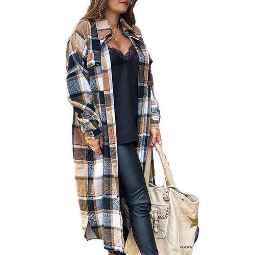 European and American-style women's long-sleeved trench coat with side slits, turn-down collar, loose-fit wool plaid shirt jacket for women