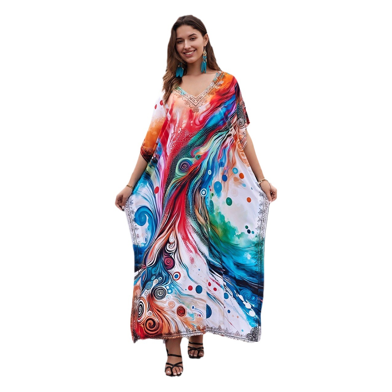 In-Stock Beach Cover-Up with Patterned Print, Vacation Home Long Dress, Cross-Border 1129 (24 Colors) F
