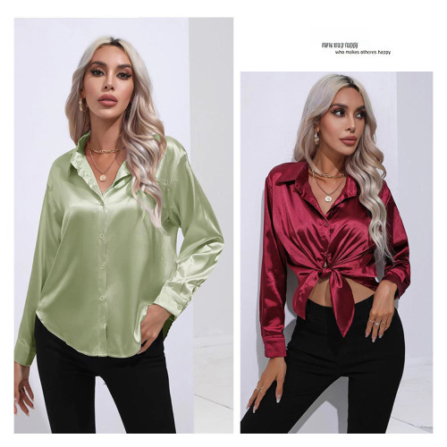 色丁衬衫女缎面仿真丝长袖亚马逊纯色上衣优雅纽扣前翻领衬衫
