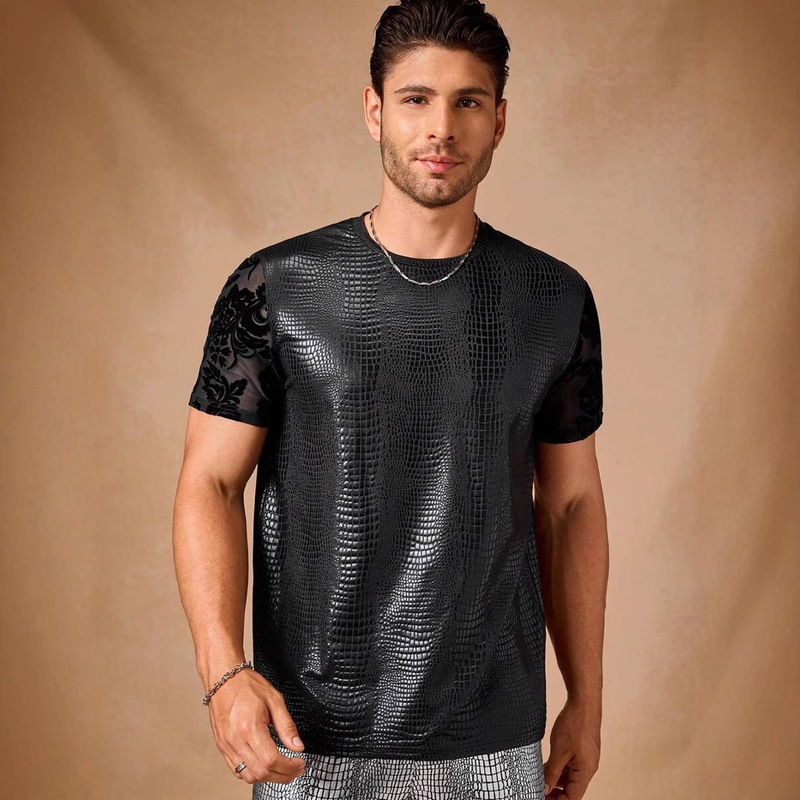 2025 Summer New Cross-Border Men's Street Fashion Crocodile Pattern Patchwork Top Trendy Casual T-Shirt Club