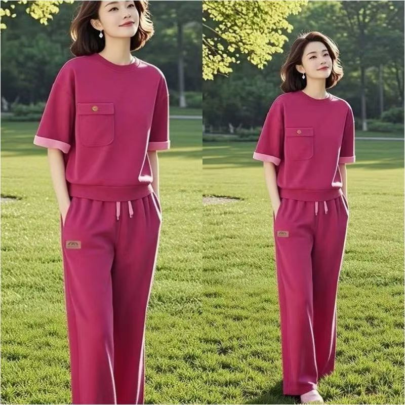 여성을위한 세련된 대비 색 스포츠웨어 정장 여름 새로운 스타일 느슨한 슬리밍 라운드 넥 캐주얼 투피스 트렌디 세트