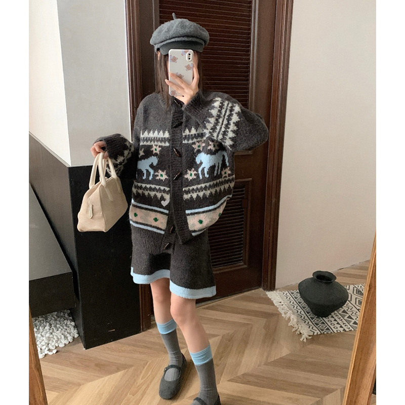 复古费尔岛毛衣开衫女套装秋冬新款提花针织开衫洋气半身裙两件套|undefined