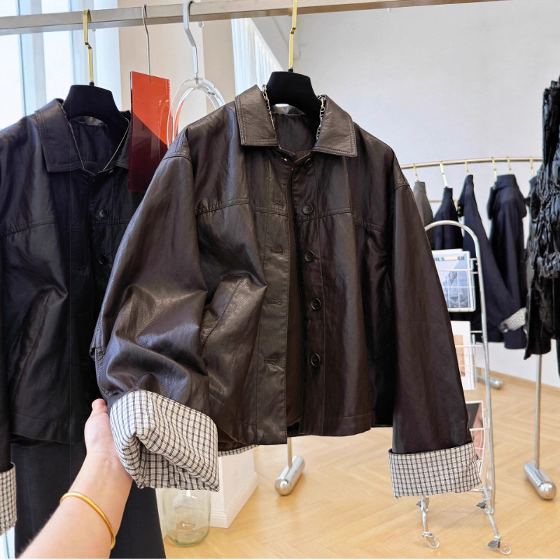 Korean Style Pu Leather Jacket Women's Cardigan 2025 Autum New Women's Loose Plaid Jacket Top Women A7575