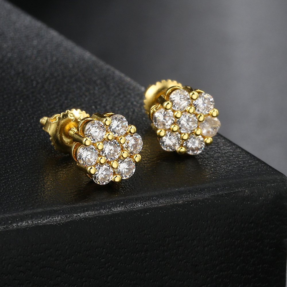Zircon Inlay Material 1 Pair Hip-Hop Flower Plating Inlay Copper Zircon White Gold Plated Gold Plated Ear Studs