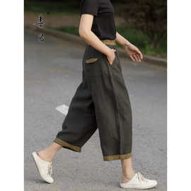 夏季新款宽松阔腿棉麻哈伦裤女高腰复古撞色薄款工装休闲七八分裤