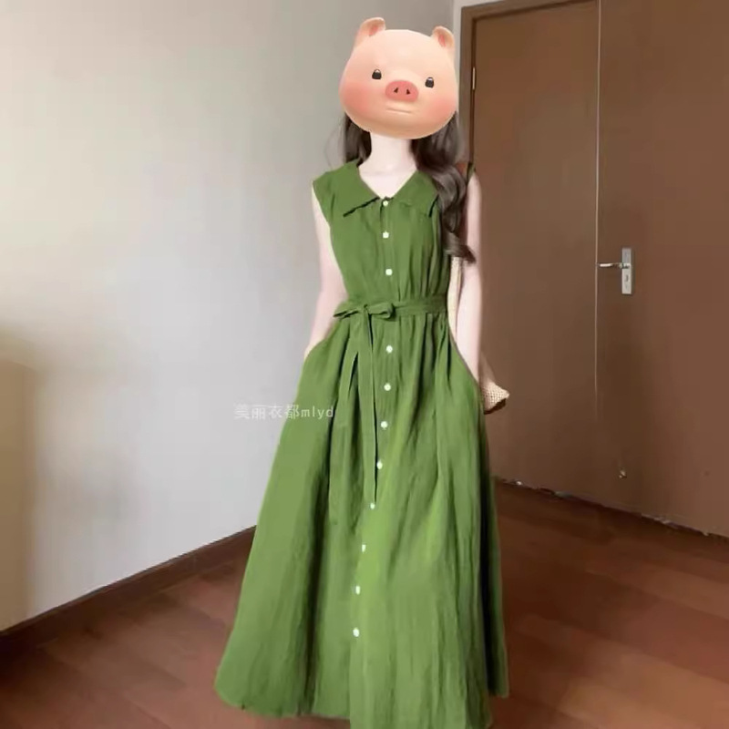 Original French Green Lapel Sleeveless Short-Sleeved Dress for Women Summer Retro Elegant Single-Breasted Long Skirt Original French Green Lapel Sleeveless Short-Sleeved Dress for Women Summer Retro Elegant Single-Breasted Long Skirt
