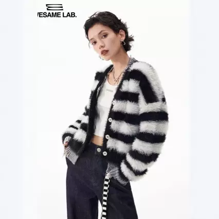 慵懒风软糯仿貂绒新款毛衣开衫女秋冬季假两件短款加厚短款毛衣