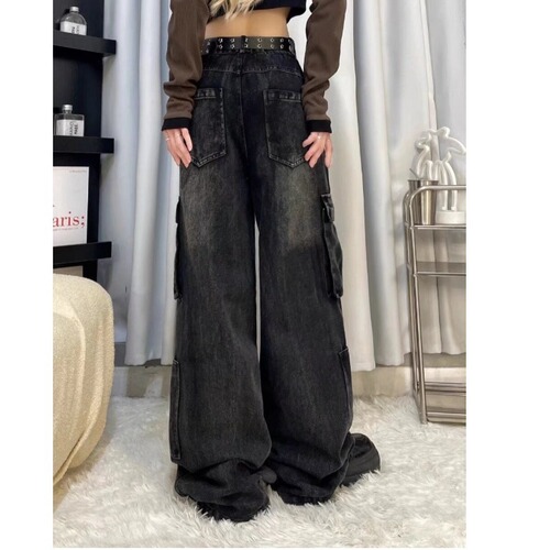 American High Street Design Style Workwear Jeans for Women Spring and Autumn Vintage High-Waist Straight Leg Loose Flowy Wide Leg Pants