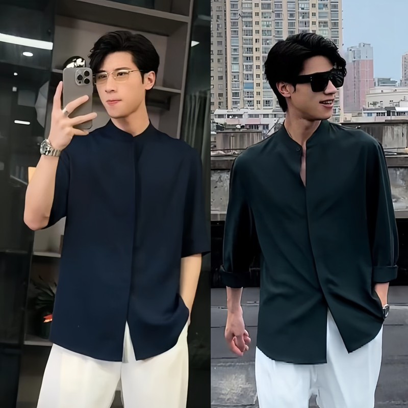 Summer New Men's Fashion Casual Three-Dimensional Cut Ice Silk Chinese-Style Short-Sleeve Shirt with Stand Collar and Loose Drape