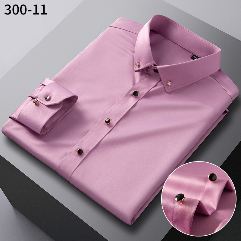 2024 Camisa de manga larga con hebilla de diamantes para hombre de estilo nuevo, elástica y cómoda, camisa casual de negocios sin hierro, versión coreana de los hombres delgados