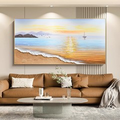 原创《旭日东升》手绘油画客厅轻奢装饰画横版海边风景肌理挂画