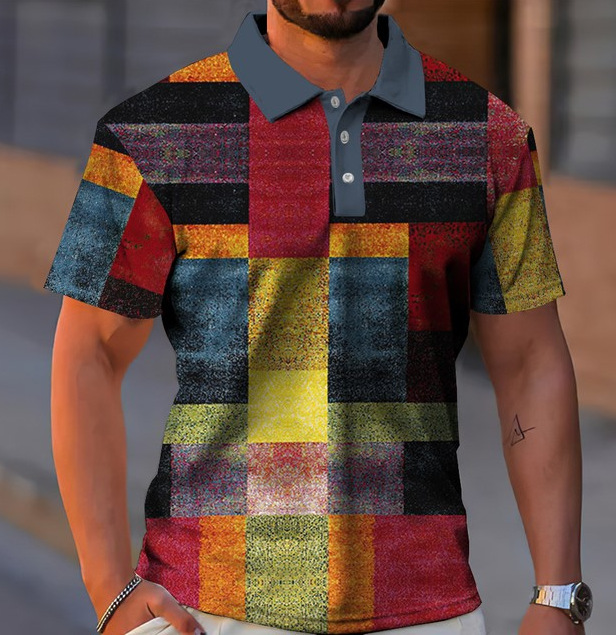 Botón de los hombres camisa polo a cuadros patrón solapa moda 3D Impresión digital moda urbana suelta casual
