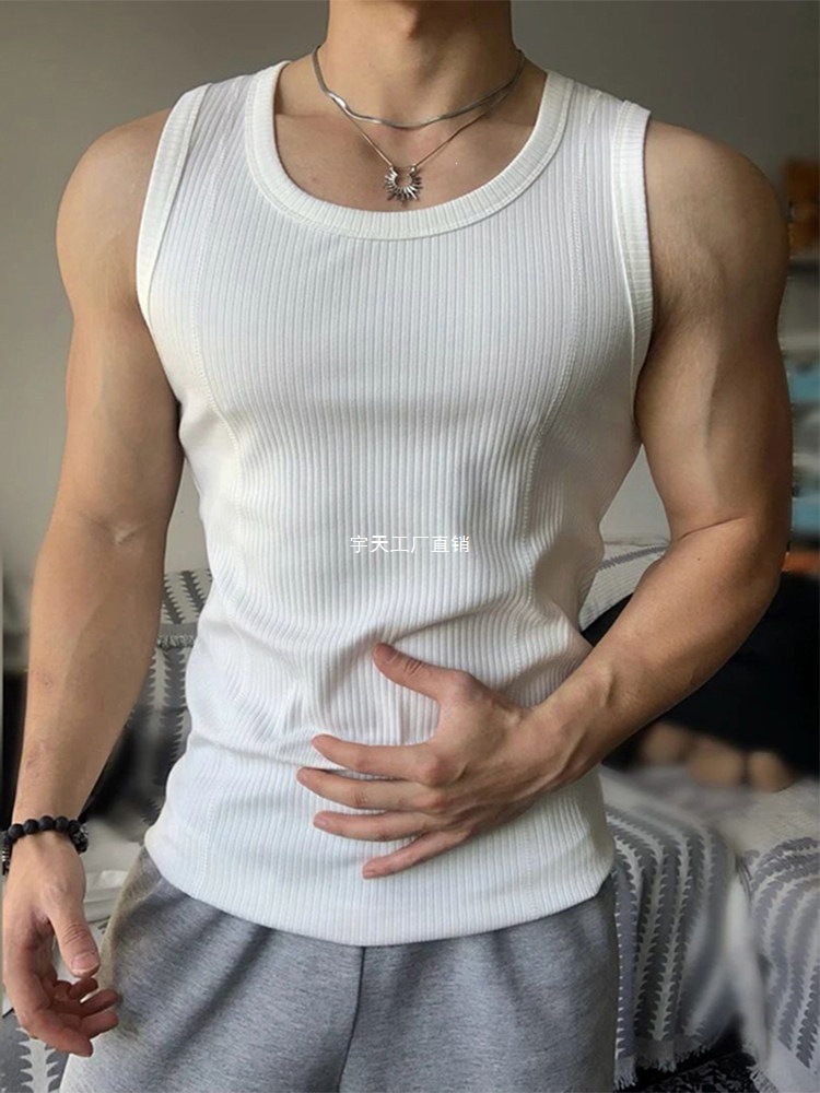 White Ribbed Tank Top for Men, Summer Slim Fit, Muscle-Emphasizing Sleeveless T-Shirt, American Style Fitness Sports Yutian