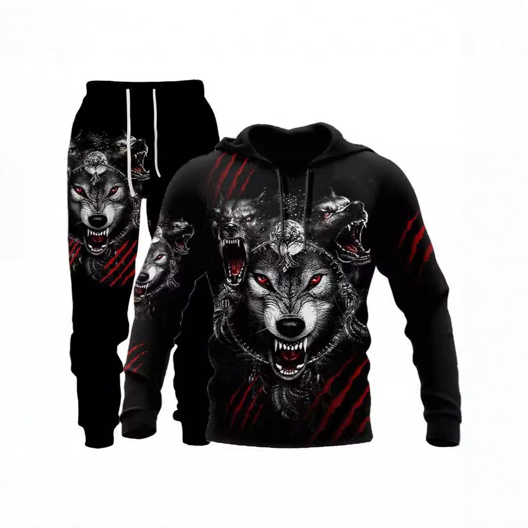 2025 cross-border new wolf 3D printed hooded vests suit spring and autumn Europe and the United States men's pullover vests factory wholesale