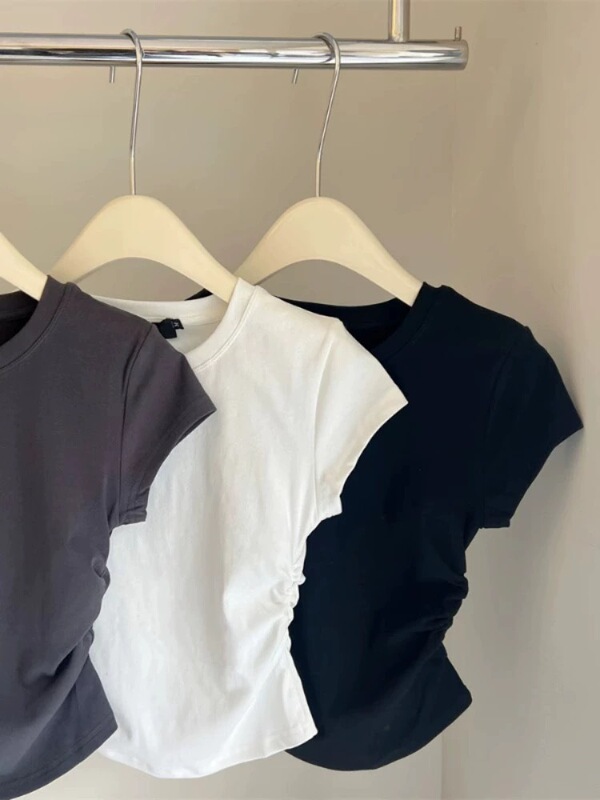 Pure Desire Hot Girl スリムフィット胸露出半袖 Tシャツ女性用 2025 夏の新しいプリーツデザインショートトップ女性用|undefined