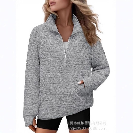 Women's Sweatshirts Autumn and Winter Amazon European and American Women's New Quilted Half-Zip Pocket Tops for Women Women's Sweatshirts Autumn and Winter Amazon European and American Women's New Quilted Half-Zip Pocket Tops for Women