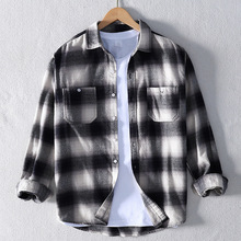 秋冬厚款男士纯棉磨毛格子长袖衬衫法兰绒国风休闲潮流衬衣外套男