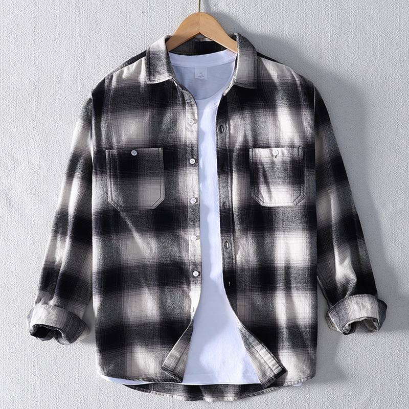 秋冬厚款男士纯棉磨毛格子长袖衬衫法兰绒国风休闲潮流衬衣外套男