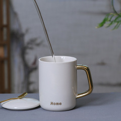 創意禮品520情侶對杯鎏金手柄陶瓷馬克杯帶蓋勺杯子咖啡杯logo