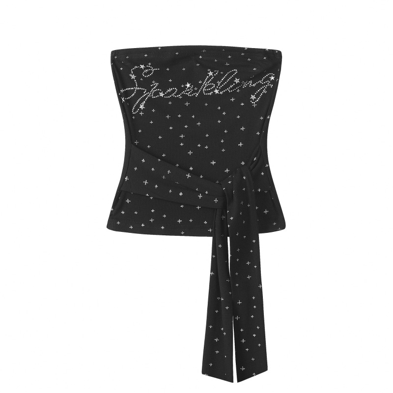 2026 New Style Sweet and Cool Spicy Girl Style Starry Rhinestone Lettered Strapless Tube Top with Waist Tie for Women