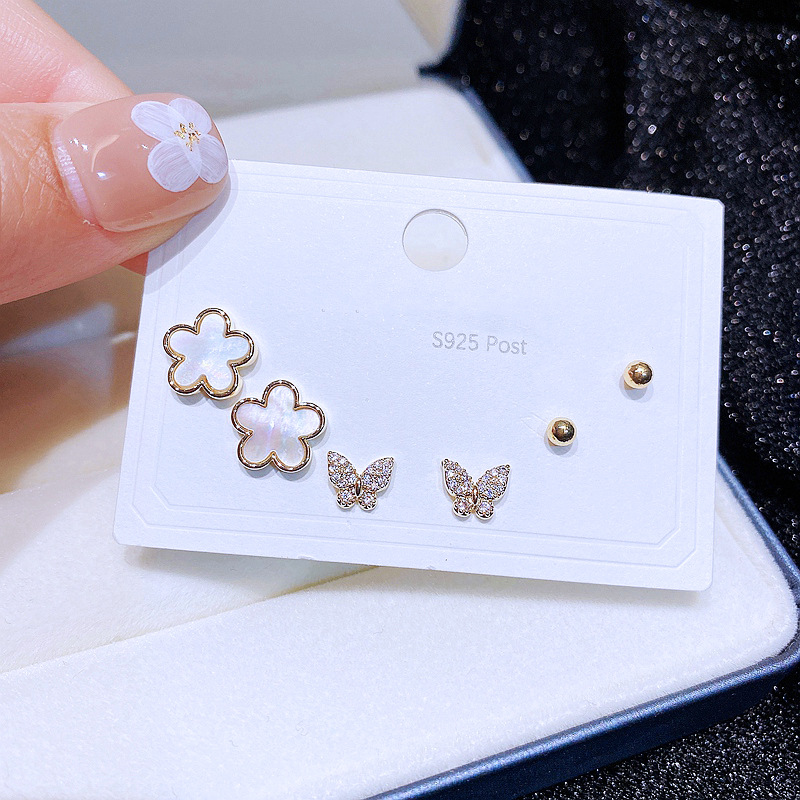 Simple Shell Flower Butterfly Copper Inlaid Zircon Stud Earrings 3 Set