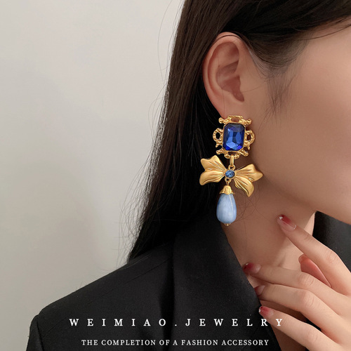 Silver Needle Second-hand Diamond Square Bow Drop Earrings Niche Unique Design Earrings High-end Necklaces Wholesale
