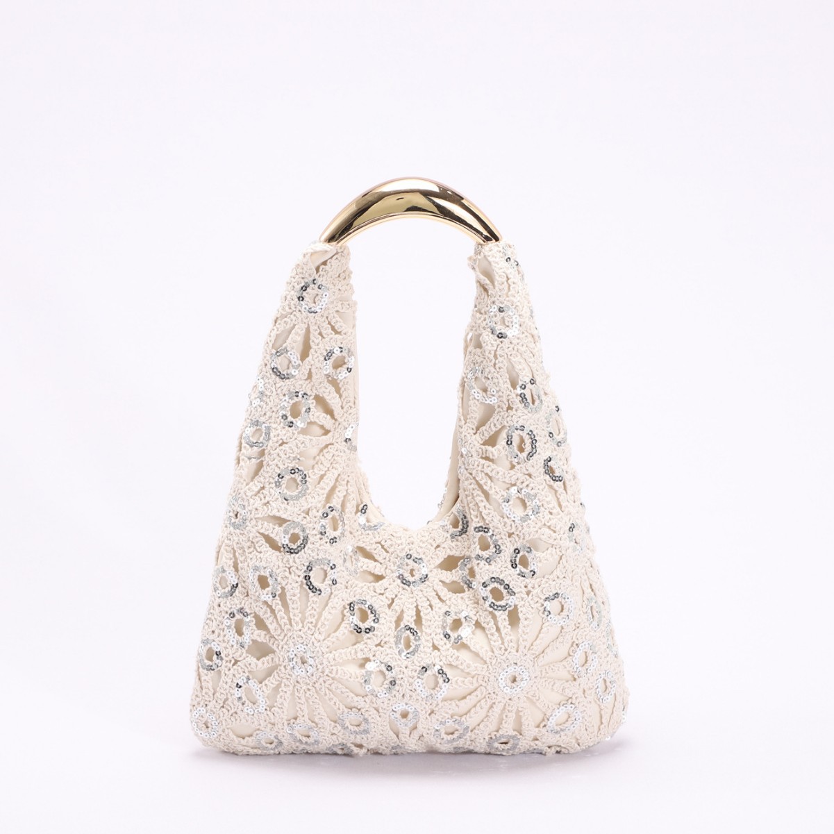 Cross-Border Women's New Sequin Hollow Crochet Bag Flower Pattern Vacation Style Crescent Handbag - Thumbnail 4
