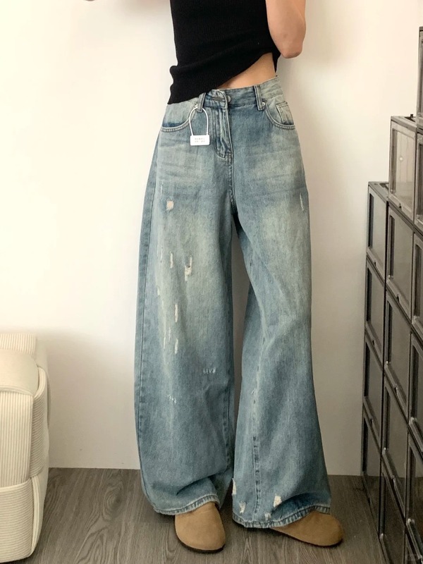 美式复古高腰蓝色牛仔裤女春季2025新款显瘦直筒裤宽松拖地阔腿裤|undefined