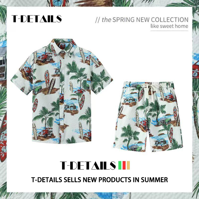 여름 남자 캐주얼 꽃 셔츠 레트로 더피 잘 생긴 반팔 셔츠 반바지 남자 유행 싼야 비치 의류 세트