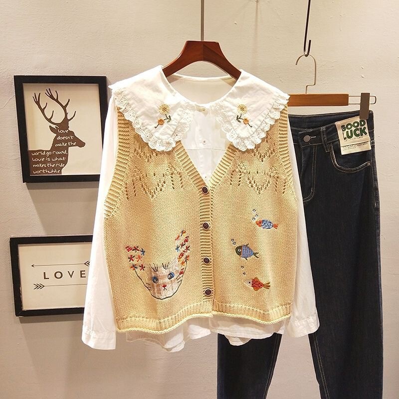 Spring Loose Versatile Age-Reducing Sweater Vest Petite Cardigan Sweet Cute Mori Style Knitted Vest for Women