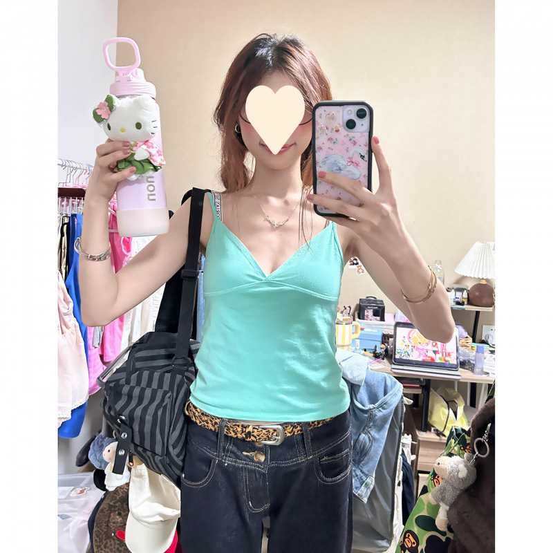 【210克40支精棉1*1】韩系甜美少女BM风薄荷绿V领吊带背心上衣女 【210克40支精棉1*1】韩系甜美少女BM风薄荷绿V领吊带背心上衣女