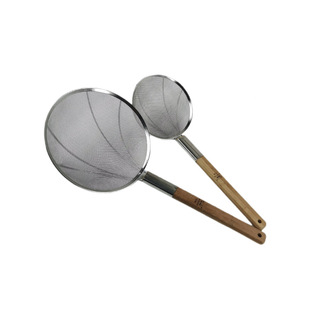 8-Mesh Stainless Steel Large Colander with Wooden Handle, 30-Mesh Oil Strainer with Reinforced Steel Handle for Frying
