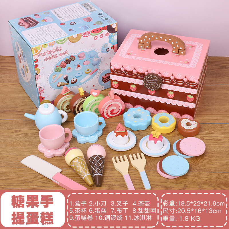 Nuevos niños jugar casa portátil caramelo postre pastel de madera en caja simulación helado corte Rosa cocina Juguetes