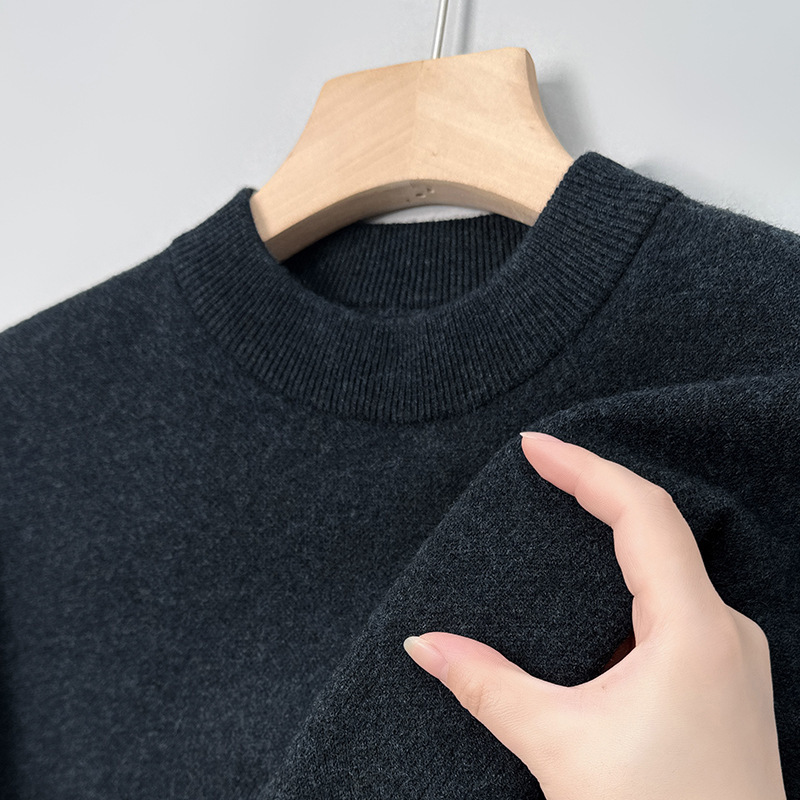 High-end 100% cotton sweater light luxury solid color men's thickened winter trendy sweater men's long-sleeved top