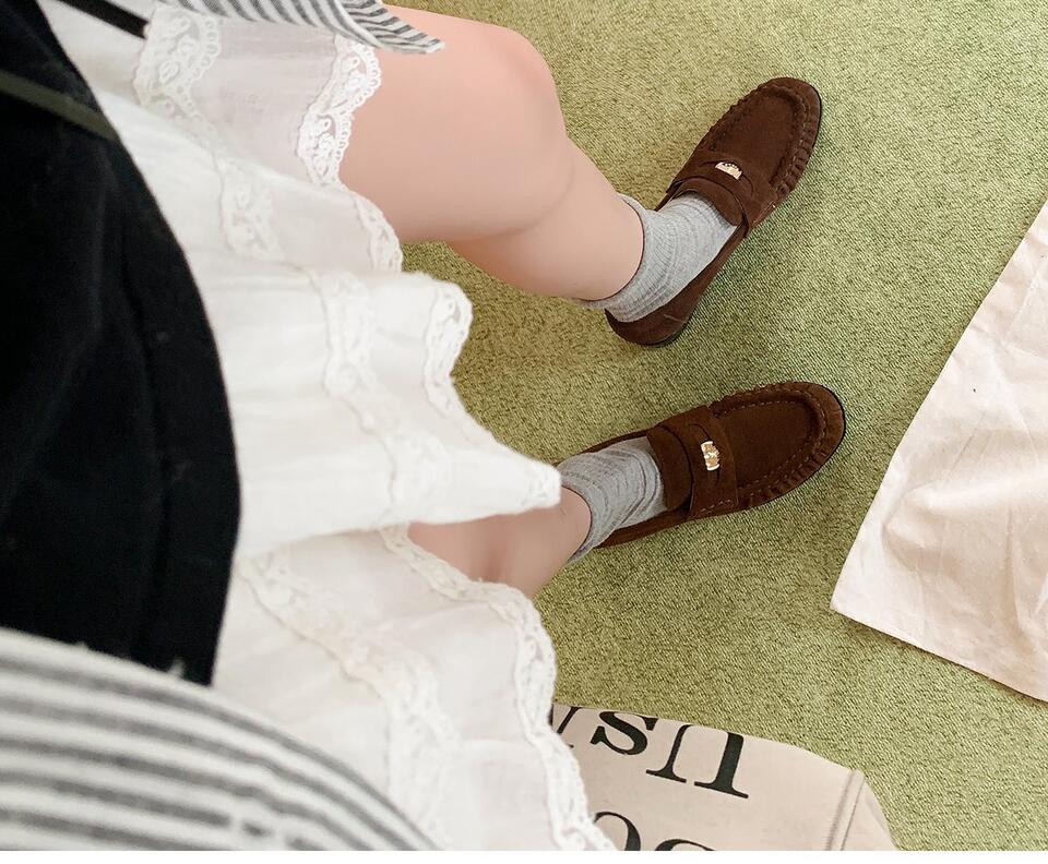 Giày lười nữ da bò nhăn nhúm phong cách retro, gót thô 6–8 cm, mũi tròn xỏ chân — Màu kaki, Màu nâu cà phê chi tiết 20