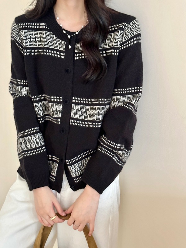 复古条纹提花费尔岛针织开衫女2025秋冬新款韩系甜美百搭毛衣外套|undefined