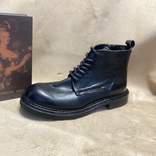 908-18手工风内外植鞣马皮沿条皮底男士系带高帮皮鞋男微翘头复古