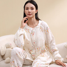 纯棉睡衣孕期待产大码带胸垫春秋款月子服哺乳春夏季双层绉纱产后