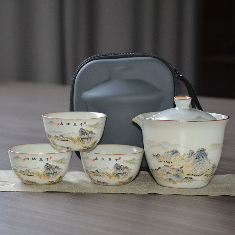 Ru Kiln Portable Travel Tea Set Outdoor Quick Tea Cup Camping Handheld Teapot Small Tea Cup Set Wholesale