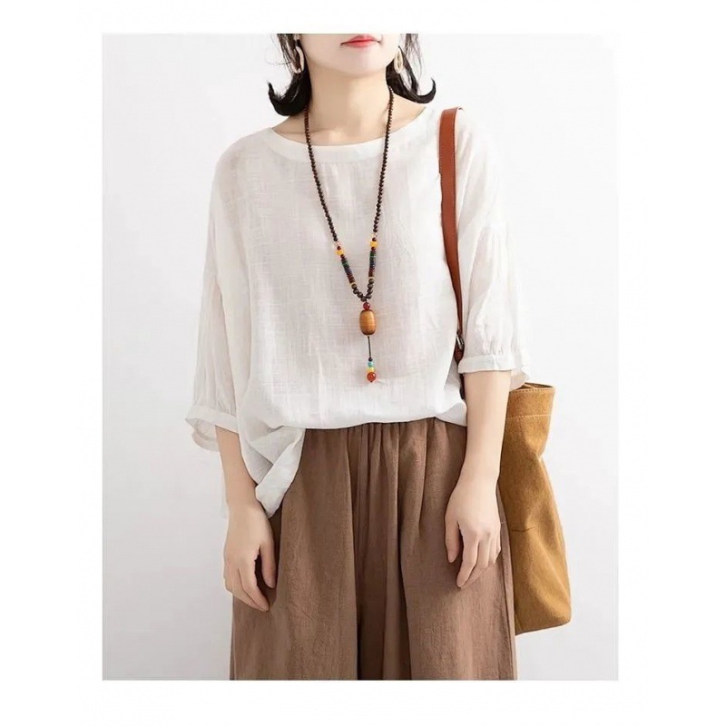 Original size 2023 Summer loose plus size casual T-shirt women's batwing shirt round neck half sleeve imitation cotton linen shirt top